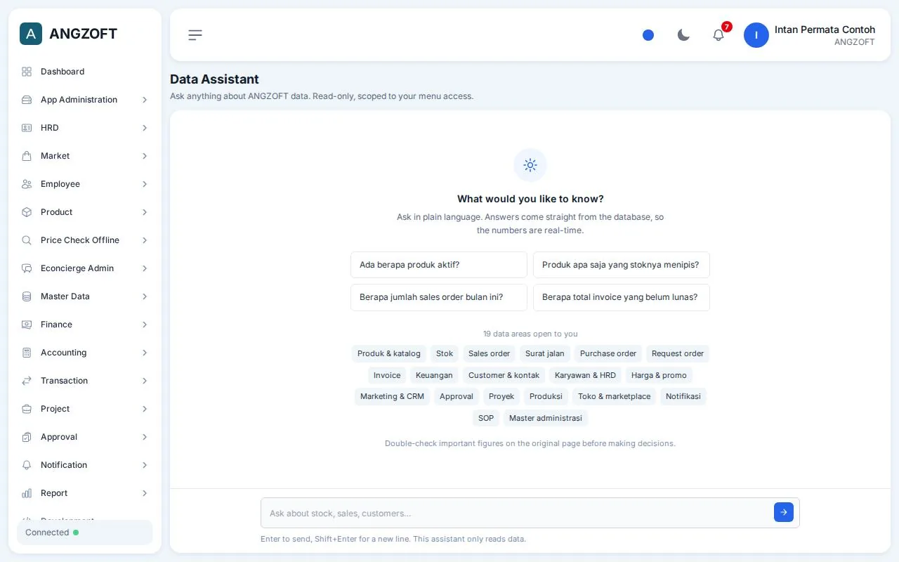 Data Assistant, a custom tool we built into the ERP that answers questions from the company's own data.
